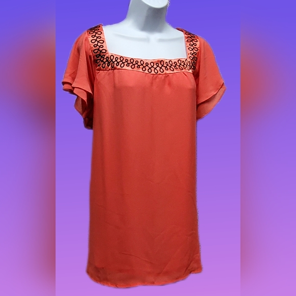 Coral Blouse with Embroidered Square Neckline - Picture 2 of 8